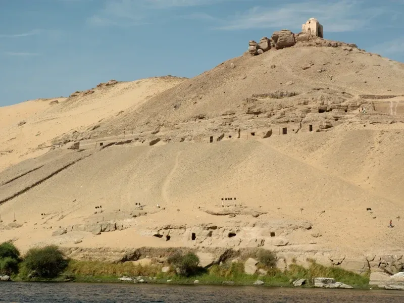 Aga Khan Mausoleum Aswan — domed tomb on the West Bank cliffs, view from felucca ride